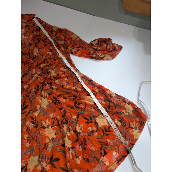 Free People Top Womens Small Orange Floral Mesh Button Front Fitted Blouse Boho - Picture 9 of 10